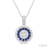 1.35 MM Round Shape Sapphire and 1/4 ctw Baguette and Round Cut Diamond Precious Pendant With Chain in 14K White Gold